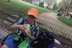 Learning to eat my first Falafel . It's a gravity thing. You might need a second if the first one falls apart - you will learn how it works. First Day of School, Fall 2016